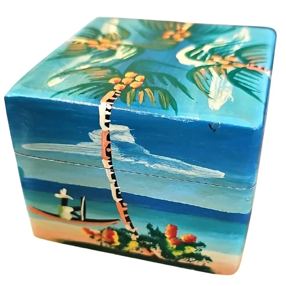 Gorgeous Hand-Painted Tropical Palm Trees and Man in a Canoe Wooden Trinket Box